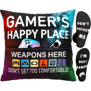 Gamer Gifts for Teenage Boys Men, Gaming Room Decoration, Gamer Pillow Cover and  Socks Gifts Set, Christmas Stocking Stuffers Ideas for Teens Boys Girls Men Father Boyfriends 18" x 18"