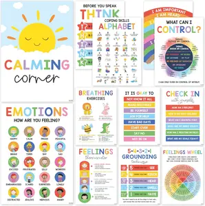 [FreeGift] Calming Corner Classroom Posters - Feelings Wheel & Emotions Chart for Kids - 10x14 Posters for Calm Down Corner Supplies for Therapy Office Decor - Durable Laminated Material-International Warranty-Emotional Regulation-Visual Learning Tools
