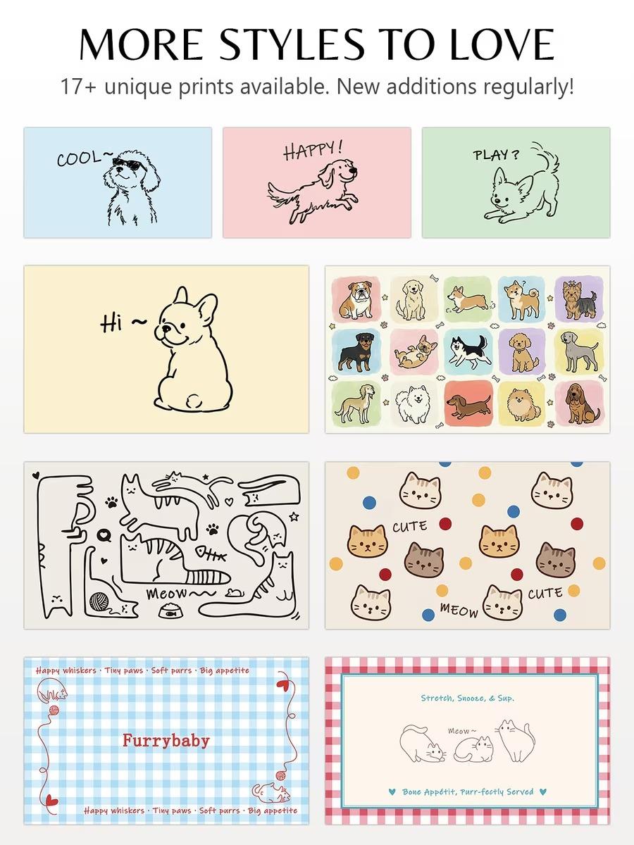 furrybaby Cute Cartoon Face Waterproof Leather Dog & Cat Placemat, Small/Medium Pet Placemats for Easy Clean Meals, Mess Proof Multicolor Feeding Accessory