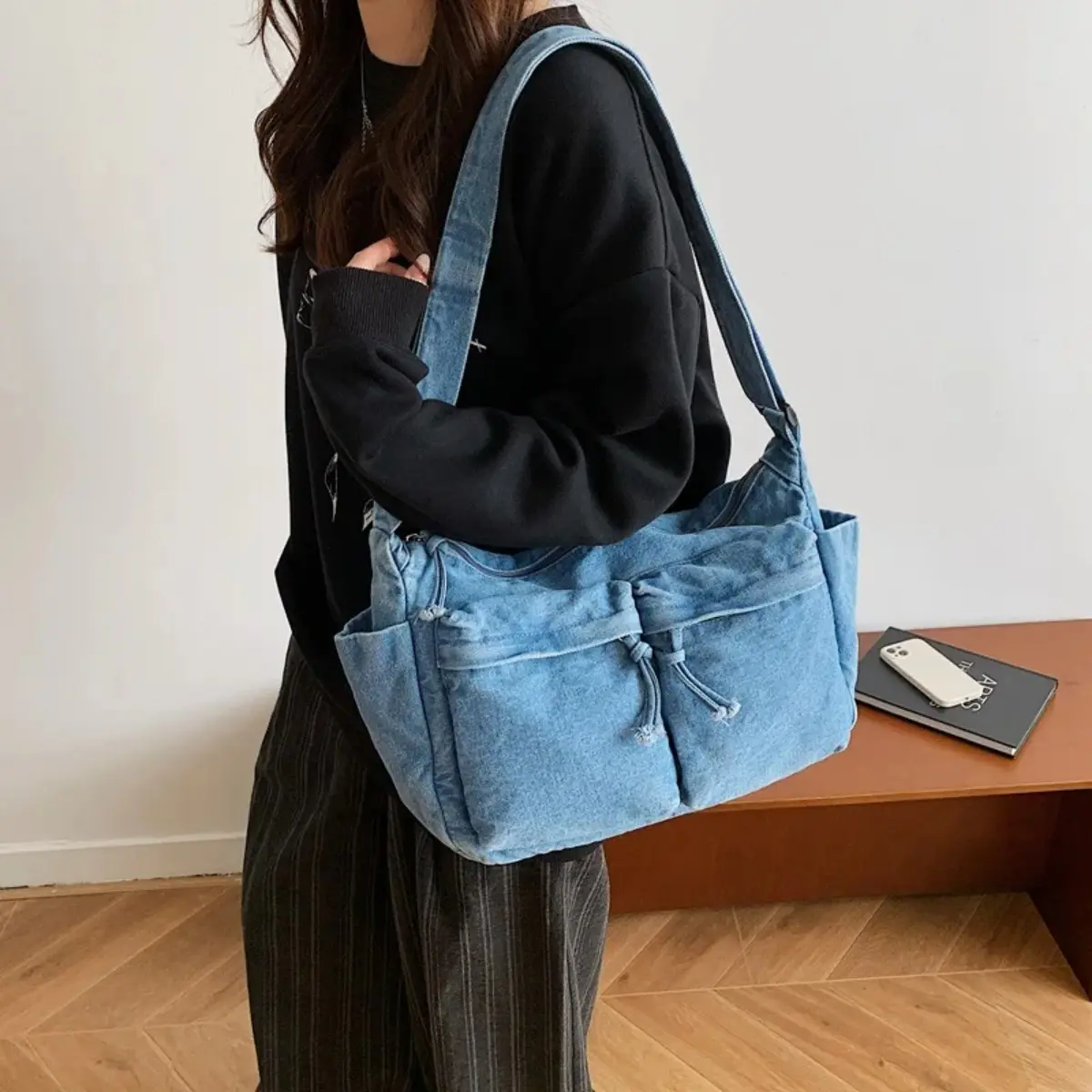 ALIKPOP Women's Distressed Vintage Multi-Pocket High-Capacity Denim Hobo Tote - Casual Commuting Messenger Bag, Adjustable Strap, Laces, Buckle, Crossbody Option, Mother's Day Gift