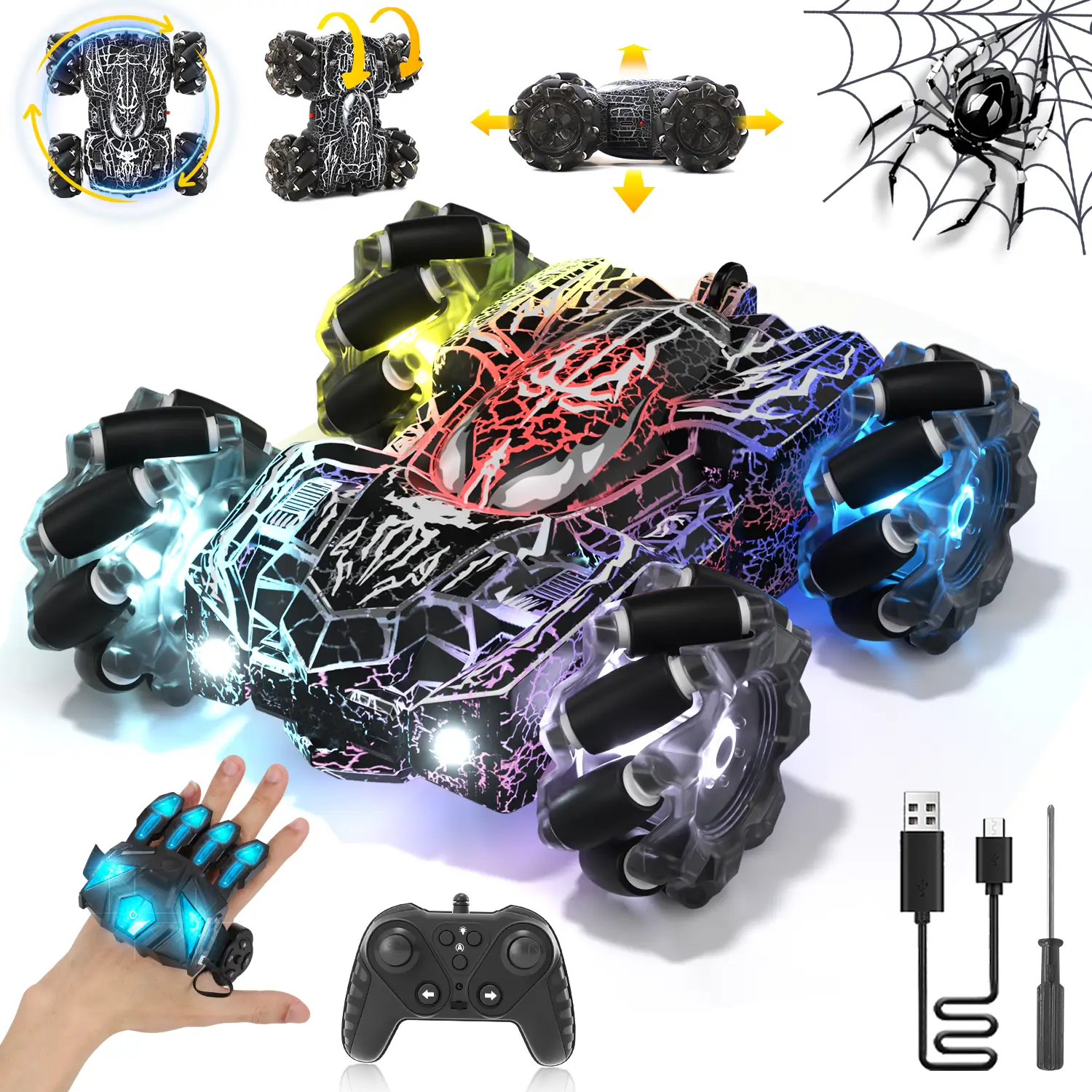 Spider Remote Control Car, Gesture Sensing RC Stunt Car, Double Sided Race Car with LED Light, 360° Rotating RC Drift Car, 4WD Rechargeable RC Stunt C