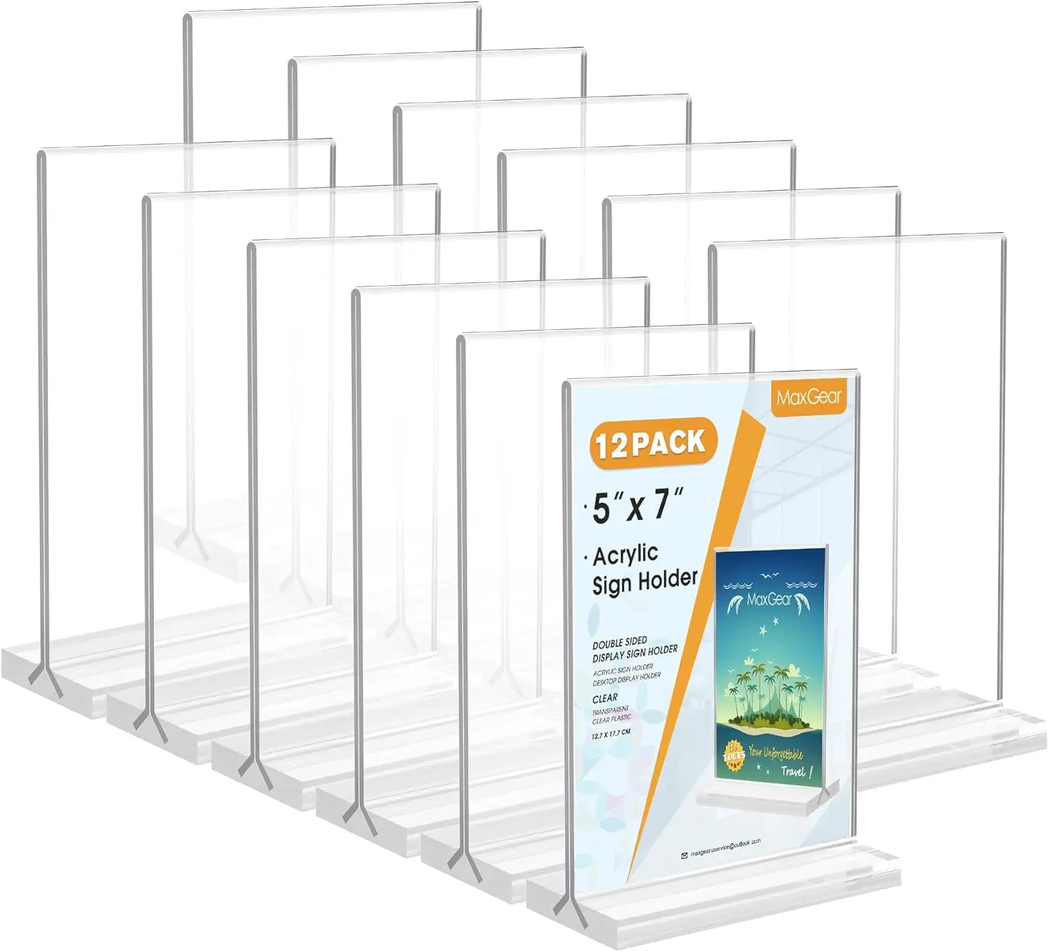 MaxGear 5x7 Clear Acrylic Sign Holder (12 Pack) - Lightweight Double-Sided Pedestal Display Stand, Plastic Desk Organizer for Office, Stores