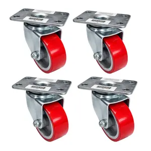 3 Inch x 1-1/4” Heavy Duty Swivel Casters (4 Pack) – Red Polyurethane Wheels – 360° Plate Mount Caster Wheels – Industrial Replacement for Carts, Workbenches & Dollies