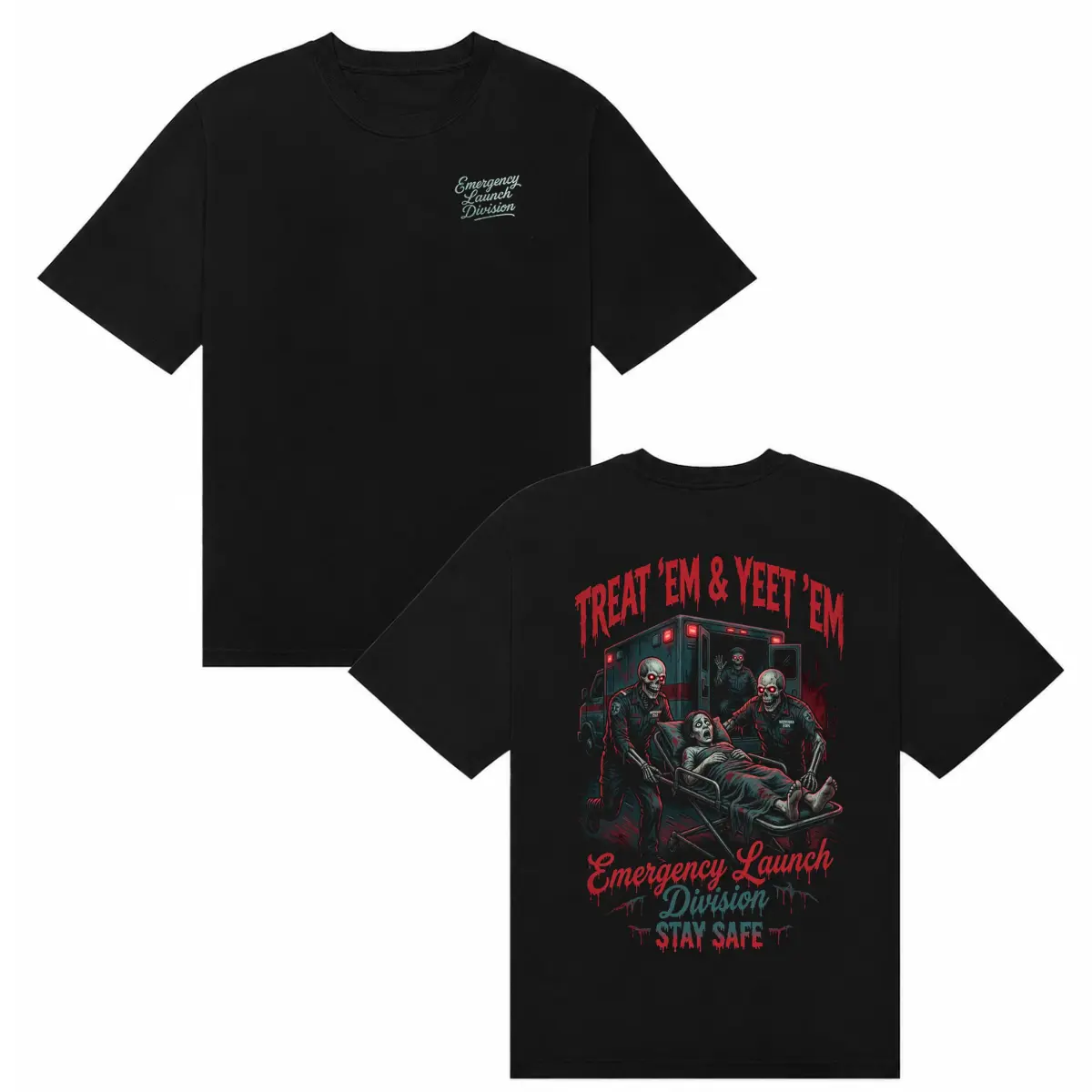 Men's Casual Skeleton Graphic T-Shirt, Funny EMS "Treat Em & Yeet Em" Paramedic Menswear, Shortsleeve Cotton Tops, Round Neck, Bold Prints, Heavy Cotton, Clothes, Us Pride / Nation Pride