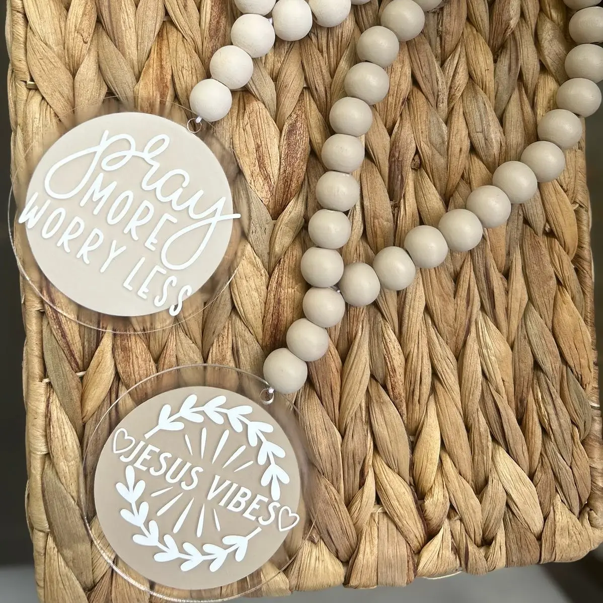 Christian Wood Bead Rearview Mirror Car Charm- Christian car accessories