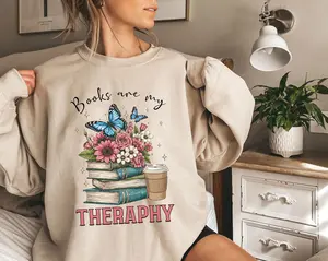 Books Are My Therapy Shirt, Book Lover Sweatshirt, Reading Teacher, Floral Bookish Tee, Librarian , Reader  Crewneck Unisex