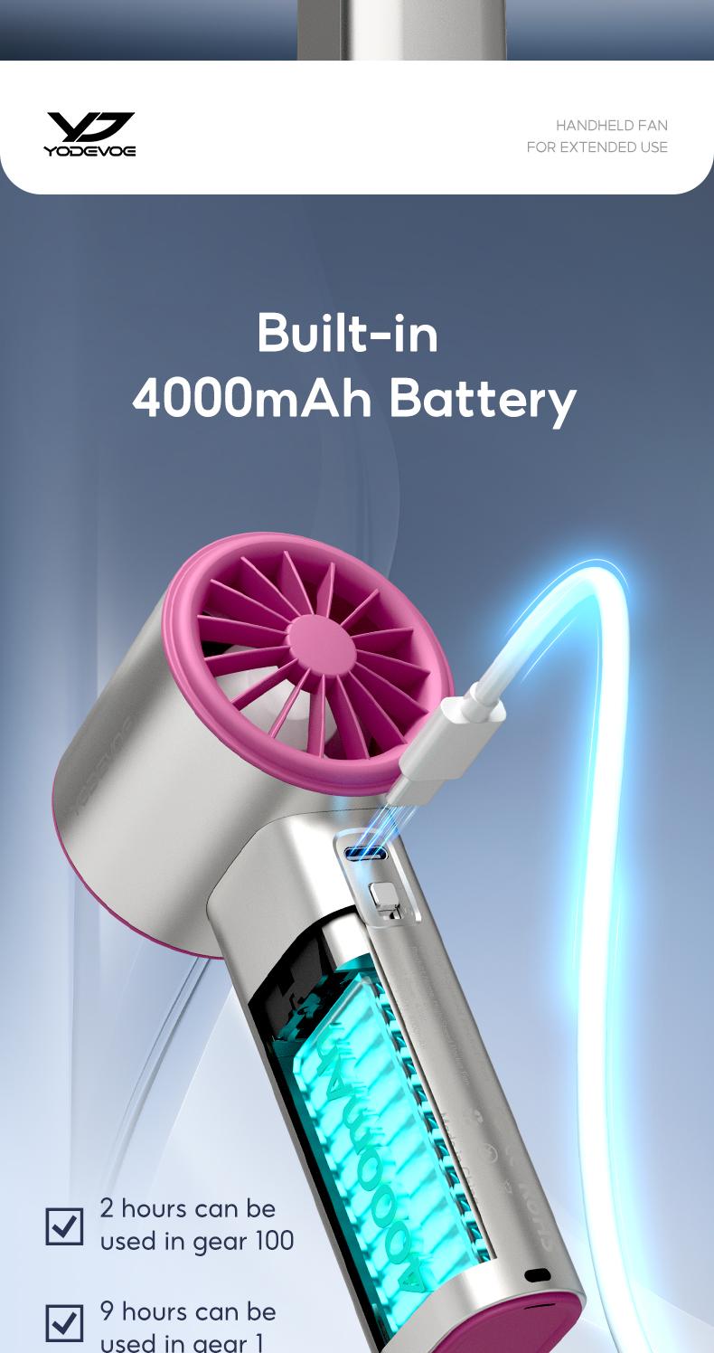 YodevoeThis portable handheld turbine fan features 100 speed settings, a built-in 4000mAh battery, and a runtime of up to 18 hours. This 3-in-1 rechargeable handheld fan utilizes turbine cooling technology and is suitable for outdoor activities.
