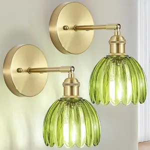 Wall Sconces Set of Two, Vintage Wall Lights with Green Tulip Glass Lampshade, Gold Wall Lamps for Bedroom Bedside Stairway Bathroom Living Room