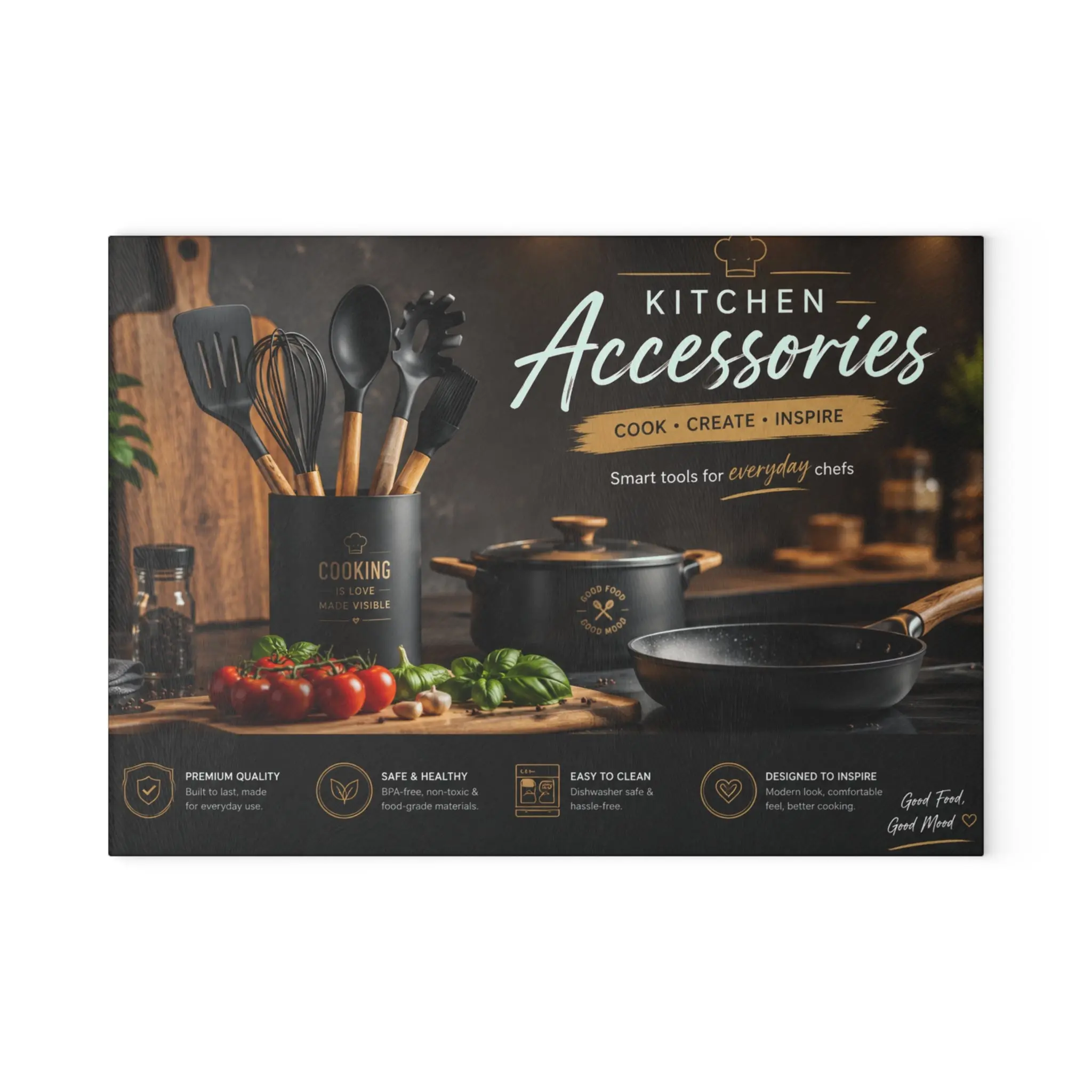 Custom Printed  Kitchen Accessories Glass Cutting Board – Decorative Chef Tools Design