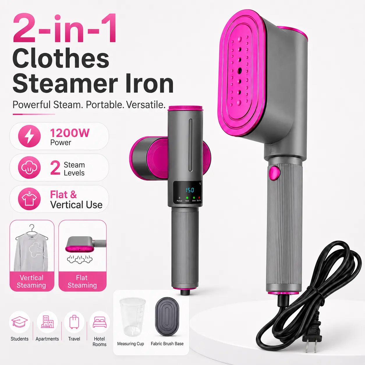 1200W Corded Compact 2-in-1 Handheld Clothes Steamer Iron - 2 Steam Levels, Flat & Vertical Steaming, US Plug Home Appliance for Students, Apartments, Dorms