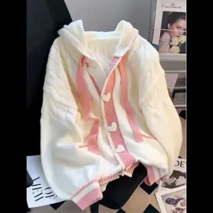 Women's Casual Knit Cardigan, Long Sleeve Hooded Sweater, Patchwork Heart Button Design, Fall Winter Fashion Knitting Knitwear