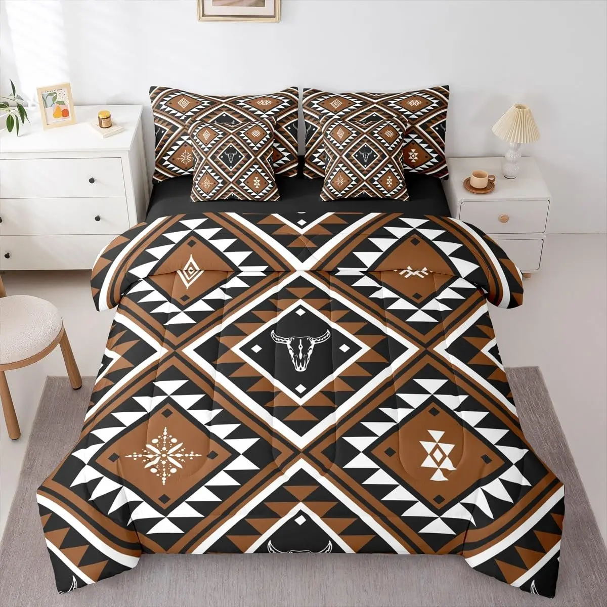 Feelyou 7-Pcs Rustic Western Quilt Set - Southwestern Aztec Motifs, Ethnic Horns Bull Skull, Farmhouse Brown Geometric Diamond Comforter, Bedspread, Decorative Bedsheet, Unique Prepackaged Bedding Sets Collection for Men with Southwest Look