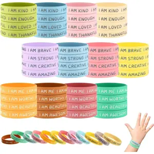P-HBL013   48 Pcs Inspirational Silicone Wristbands for Students Motivational Rubber Stretch Unisex Affirmation Bracelets Back-to-school Gift for Kid School Prizes Classroom Awards(Fresh Color)