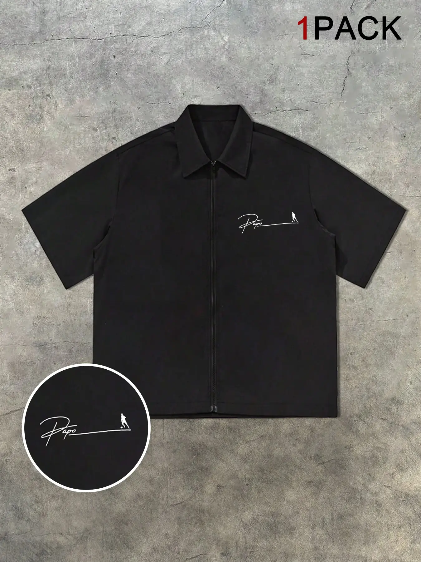 Y2K Loose Zip-Up Collared Shirt for Men | Minimalist 'Papo' Logo with Football-Inspired Print | Trendy Streetwear Graphic Short Sleeve Top | Comfortable Loose Fit | Must-Have TikTok Popular Summer Casual Shirt Menswear