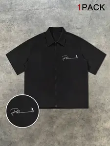 Y2K Loose Zip-Up Collared Casual Graphic Shirt for Men | Minimalist 'Papo' Logo with Football-Inspired Print | Trendy Streetwear Short Sleeve Top | Comfortable Loose Fit | Must-Have TikTok Popular Summer Casual Shirt