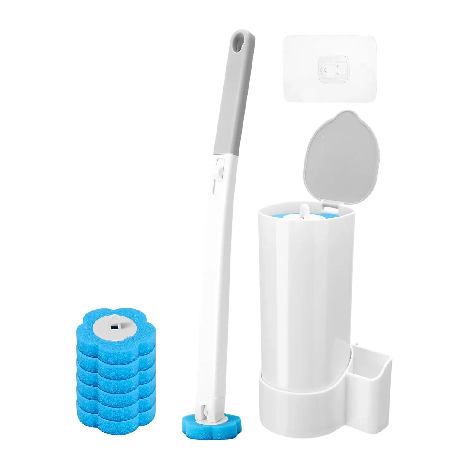 Hygienic Disposable Cleaning Wand Set - 6 Replacement Heads, Wall-Mounted Holder, Toilet Cleaner System, Home Care Scrubber Kit