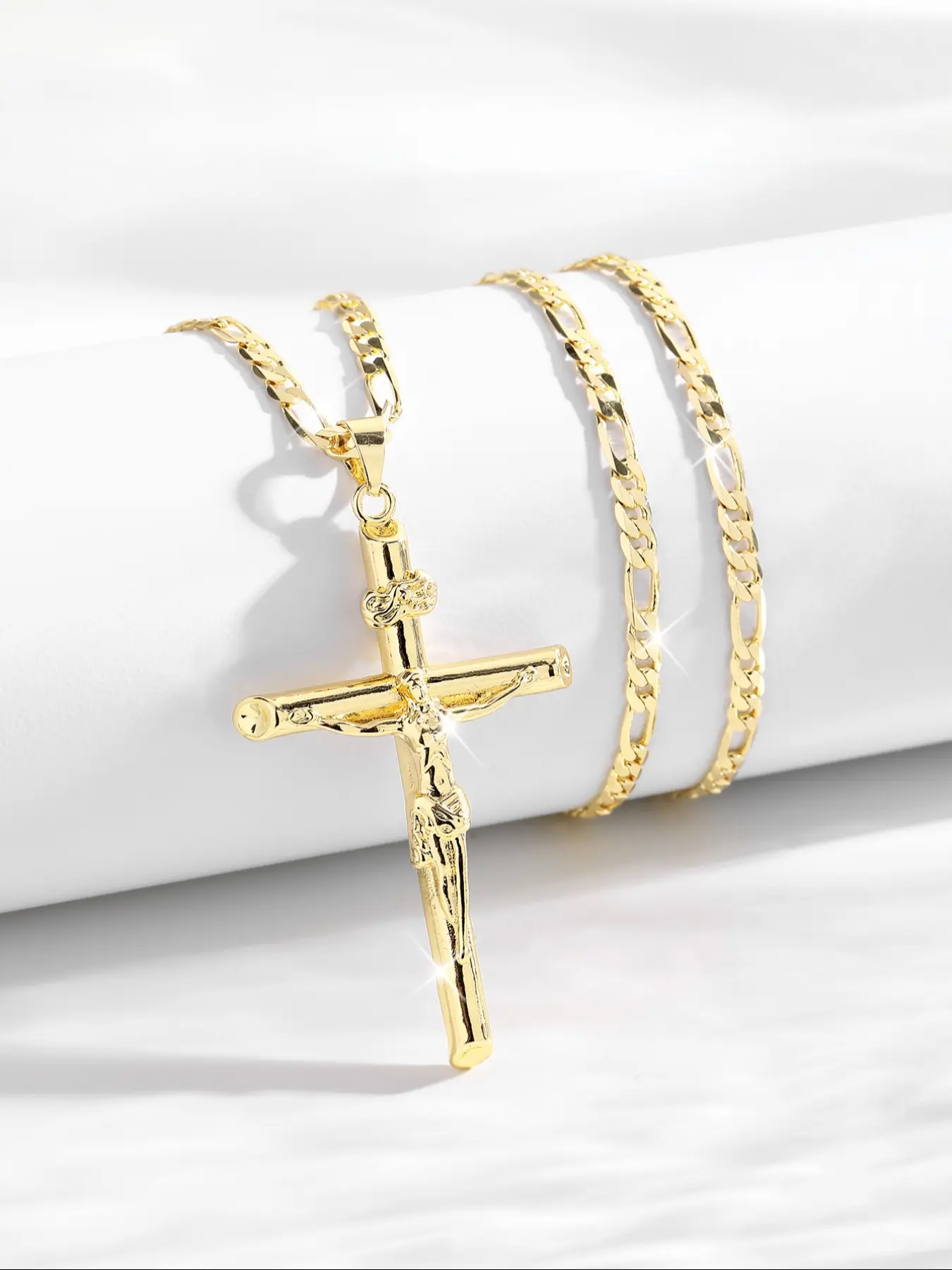 Men's Punk Style Jesus Crucifix Pendant Necklace, Bold Cross Design, Cross Chain Design, Brass Plated Chain, 24 Inch Flat Link, Christian Jewelry Gift, Cross Necklaces
