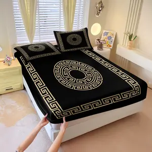 Classic Geometric Print Bedding Set (3 Pieces) Includes A Fitted Sheet And Two Unfilled Pillowcases. The Black Background Features A Gold Pattern, Creating A Luxurious And Sophisticated Bedroom Décor. It's The Perfect Gift Choice.