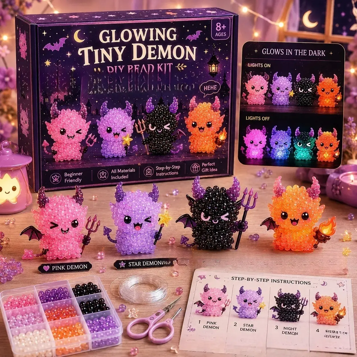 Halloween Glow in The Dark Tiny Demon DIY Bead Kit for Kids Ages 8+, Complete Crystal Beads Craft Set with Step-by-Step Instructions, All Supplies Included Cute Devil Figurine Making Toy, Ideal Birthday Holiday Gift for Girls Boys Beginners