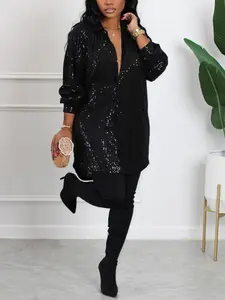 Plus Size Glitter Sequin Drop Shoulder Shirt Dress, Elegant Long Sleeve Button Front Dress for Spring & Fall, Women's Clothes for Party Holiday Vacation