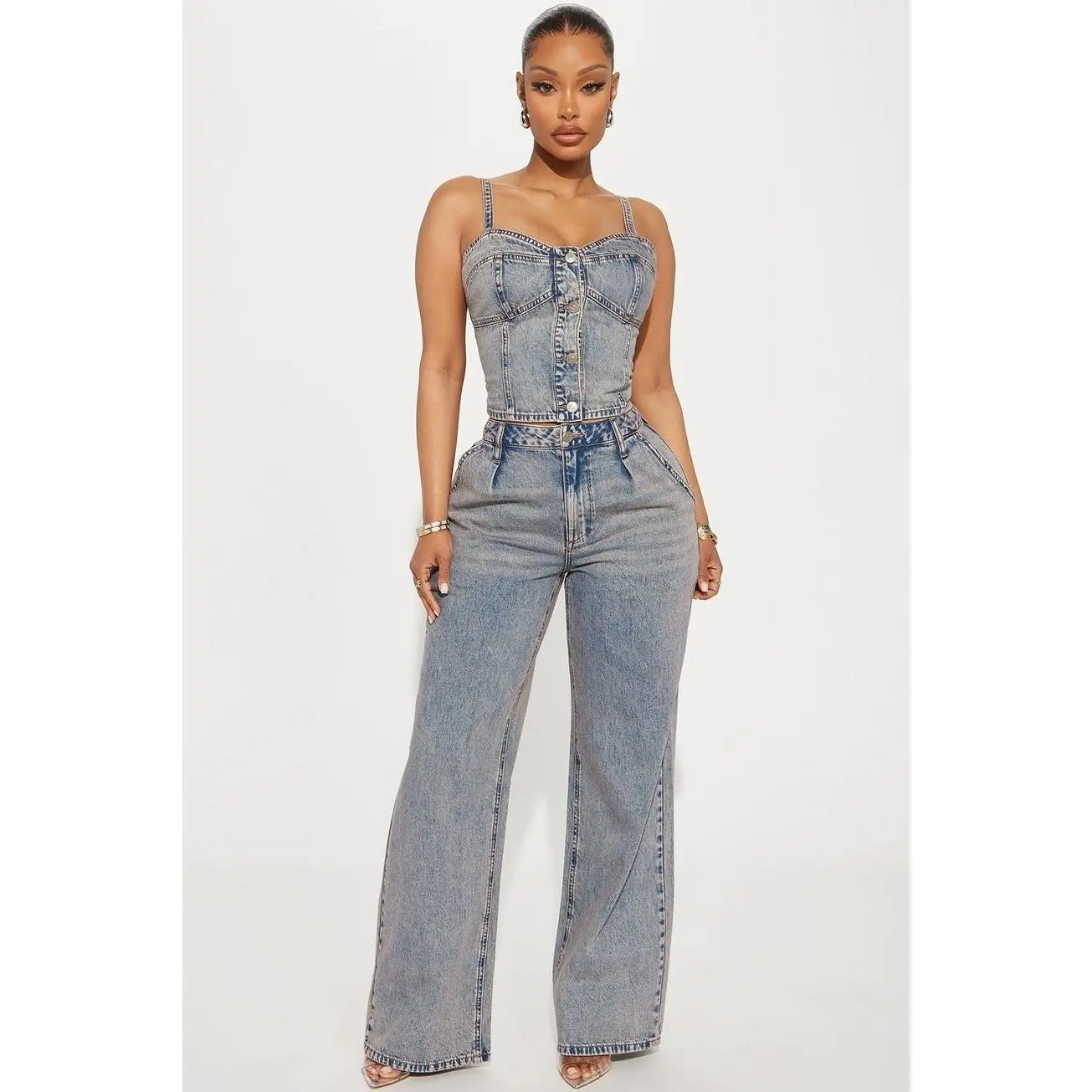 Cassie Denim Pant Set-Vintage Wash P