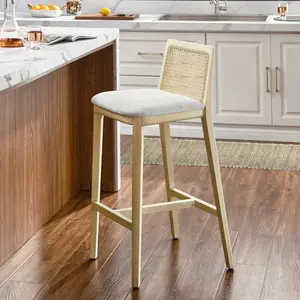 Monarch Wood and Rattan Bar Stool in Antique White Natural Heathered Weave Ivory