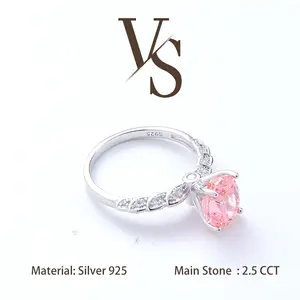 [Venus Jewelry] Lab Created Gemstone 2.5 CCT Pear Shape Pink Color Feather Design Solid Silver 925 Solitare Ring