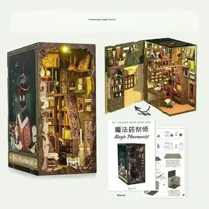DIY Book Nook Kit with Dust Proof, Bookshelf Insert, Miniature Kit, Bookend Stand, Bookcase Model, Creativity Kit, Decor Alley with LED Light, Wooden DIY Kit