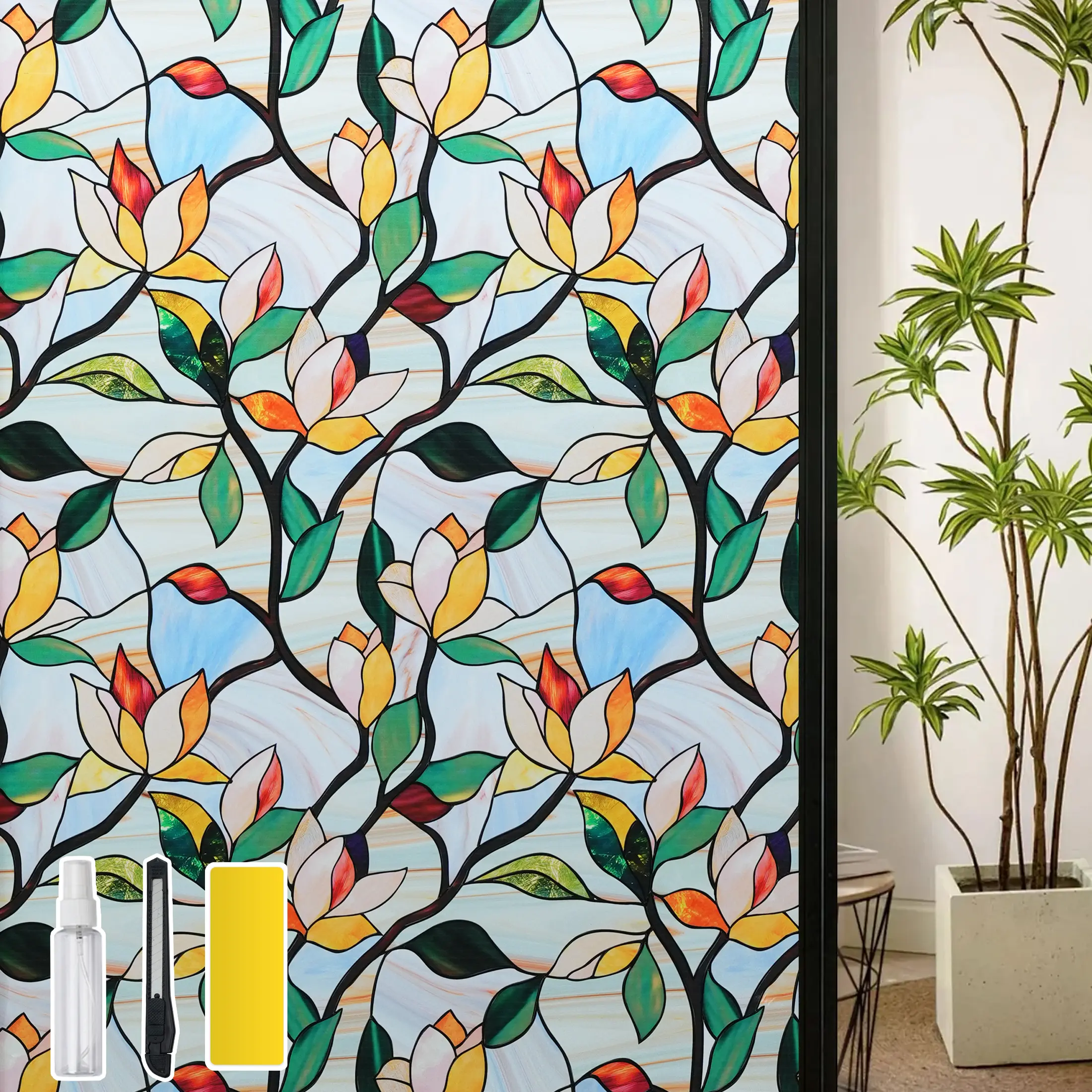 DKTIE 17.7"x78.7" Durable Vibrant Floral Window Film - Flowers Design, Privacy Protection, UV Blocking, Static Cling, Easy Install with Tools Included for Outdoor Patio, Bedroom, Balconies