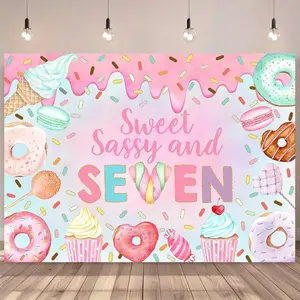 1PC,2D Flat Backdrop 7th Birthday Party Backdrop, Donut & Ice Cream Themed Children's Birthday Photo Backdrop, Sweet Sassy And Seven Party Decoration, Pink Cute Dessert Themed Background Cloth For