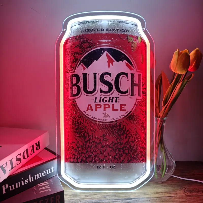 Busch Apple Neon Sign LED Wall Light 6.7x11.8 inch Beer Can Decor, USB Powered Acrylic Panel Light, Pre-Drilled Holes Easy to Hang, Funny Bar Pub Man Cave Game Room Decor