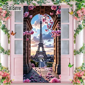 2D flat banner, 1pcEiffel Tower Cherry Blossom Archway Paris Sunset Photography Backdrop, Pink Floral Historic Frame Decor for Romantic Cityscape Photo Propsgalentines party decor, valentine day decor, decorations for valentines day
