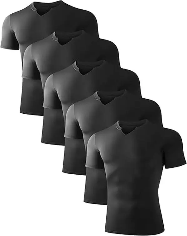 5-Pack Men's V-Neck Compression Shirts, Short-Sleeve Quick-Dry Athletic Base Layer Undershirts, Sporty Sports Tops for Gym Workouts, Fitness For Everyone, Athlete Life