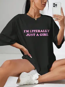 Women's Slogan Print Round Neck Graphic Tee, Top, Vintage Trendy Style Casual Fit Drop Shoulder Half Sleeve T-shirt For Daily Wear, Ladies Summer Clothes, Graphic Tees Women, Clothing, Tshirt, Womenswear