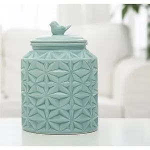 Turquoise Vintage Ceramic Kitchen Flour Canister, Cookie Jar with Star Design & Bird Topped Lid