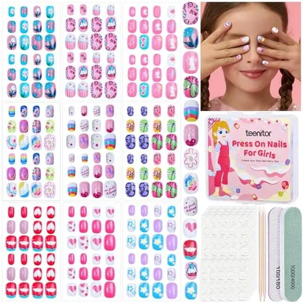 Teenitor 216pcs Kids Press On Nails for Girls, 9 Styles of 8-12 Years Girls Press On Nails for Kids, Full Cover Fake Nails for Little Girl, Short Acrylic Nails Set
