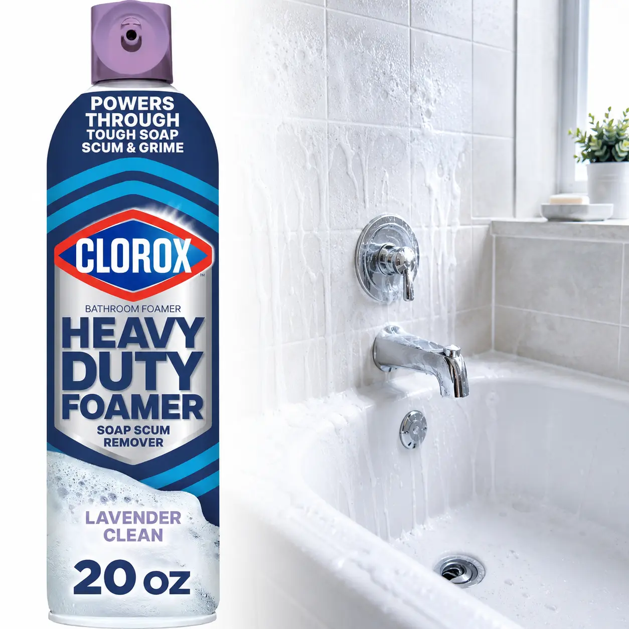 Clorox 20 oz Heavy Duty Bathroom Foamer Lavender Clean Aerosol,soap scum,hard water stains,grime,wide foam,dual action foam,bleach-free,lavender scent,bathtubs,shower walls,glass doors,toilet exterior,sinks,counters,ceramic tile,stainless steel,fiberglass