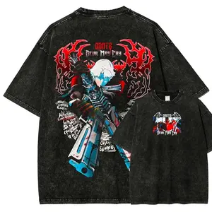 Mens Oversized Vintage Washed Devil May Cry Dante Graphic T-Shirt - Short-Sleeve Round Neck Sportswear Top, Unisex Retro Bootleg Print Premium Cotton Distressed Black, Figure-Flattering, Ideal for DMC Fans, Sizes S-3XL,summervibes