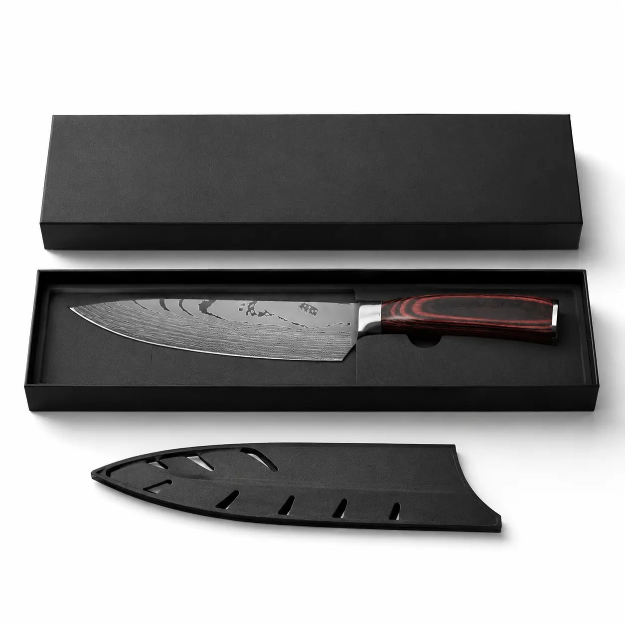 Premium Chef's Knife with Redwood Handle in Elegant Black Gift Box Includes Protective Sheath