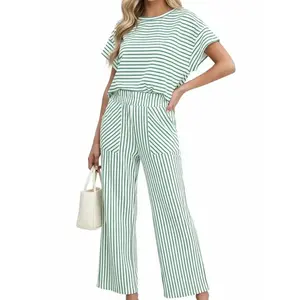 Womens Striped 2 Piece Sets Short Sleeve T Shirts Wide Leg Pants Matching Lounge Set with Pockets Batwing CasualRAIMENTRY