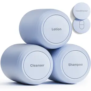 Trimcoo New Travel Toiletry Containers [Ultra Leakproof] TSA-Approved, PLA Hard Shell Jars with 5 Magnetic Labels, Wide Mouth Bottles for Lotion, Cleanser, Shampoo, Conditioner, BLue, 3 Pack, 2OZ
