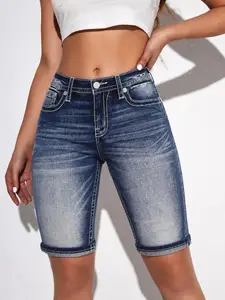 Women's High-Waist Casual Distressed Back Patch Cuffed Knee-Length Stretch Bermuda Denim Shorts