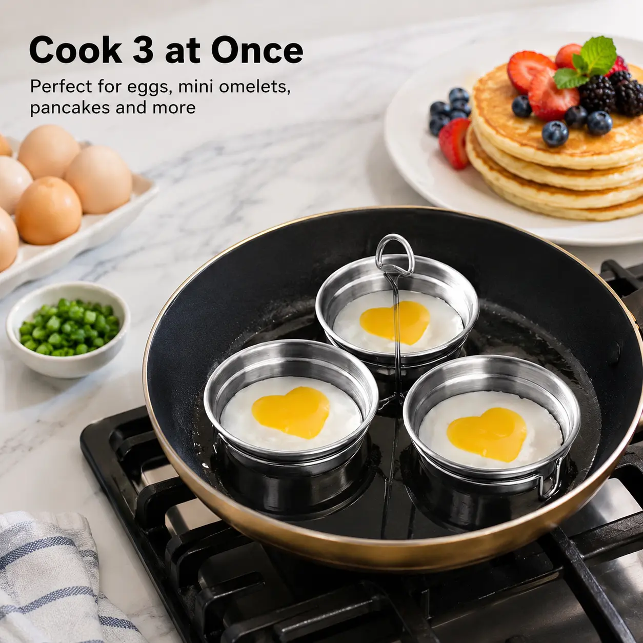 1 Count Stainless Steel Egg Poacher, 3 Cavity Steaming Egg Mold with Handle for Home Kitchen Steamed Egg and Dessert Making