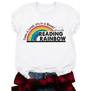 Retro Rainbow Book Lover Graphic Tee Unisex Top Cute Reading Quote Shirt Casual Crewneck Short Sleeve Soft Comfy Streetwear Gift For Teachers Students