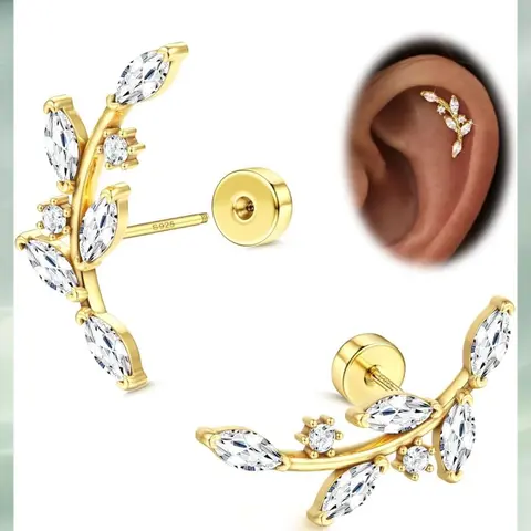 LOYALLOOK 925 Sterling Silver Flat Back Stud Earrings for Women Hypoallergenic | 14K Gold Plated Cartilage Earrings for Sensitive Ears | Leaf Flower CZ Helix Tragus Piercing Jewelry for Mother's Day