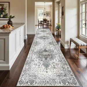 Vintage Washable Runner Rug for Hallway Kitchen Entryway - Non-Slip Distressed Persian Area Rug, High-Density Suede Soft Floor Carpet (2'x6', 2'x8', 2'x10')