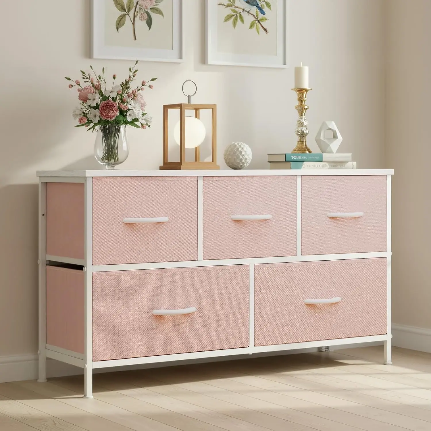 Dresser for Bedroom with 5 Drawers, Wide Chest of Drawers, Fabric Dresser, Storage Organizer Unit with Fabric Bins for Closet, Living Room, Hallway