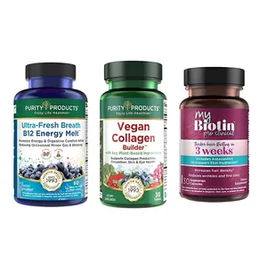 Purity Products New Year Glow Up Bundle Supplement for Hair Skin Nails with MyBiotin ProClinical B12 Energy Melts & Vegan Collagen Builder for Healthy Glow