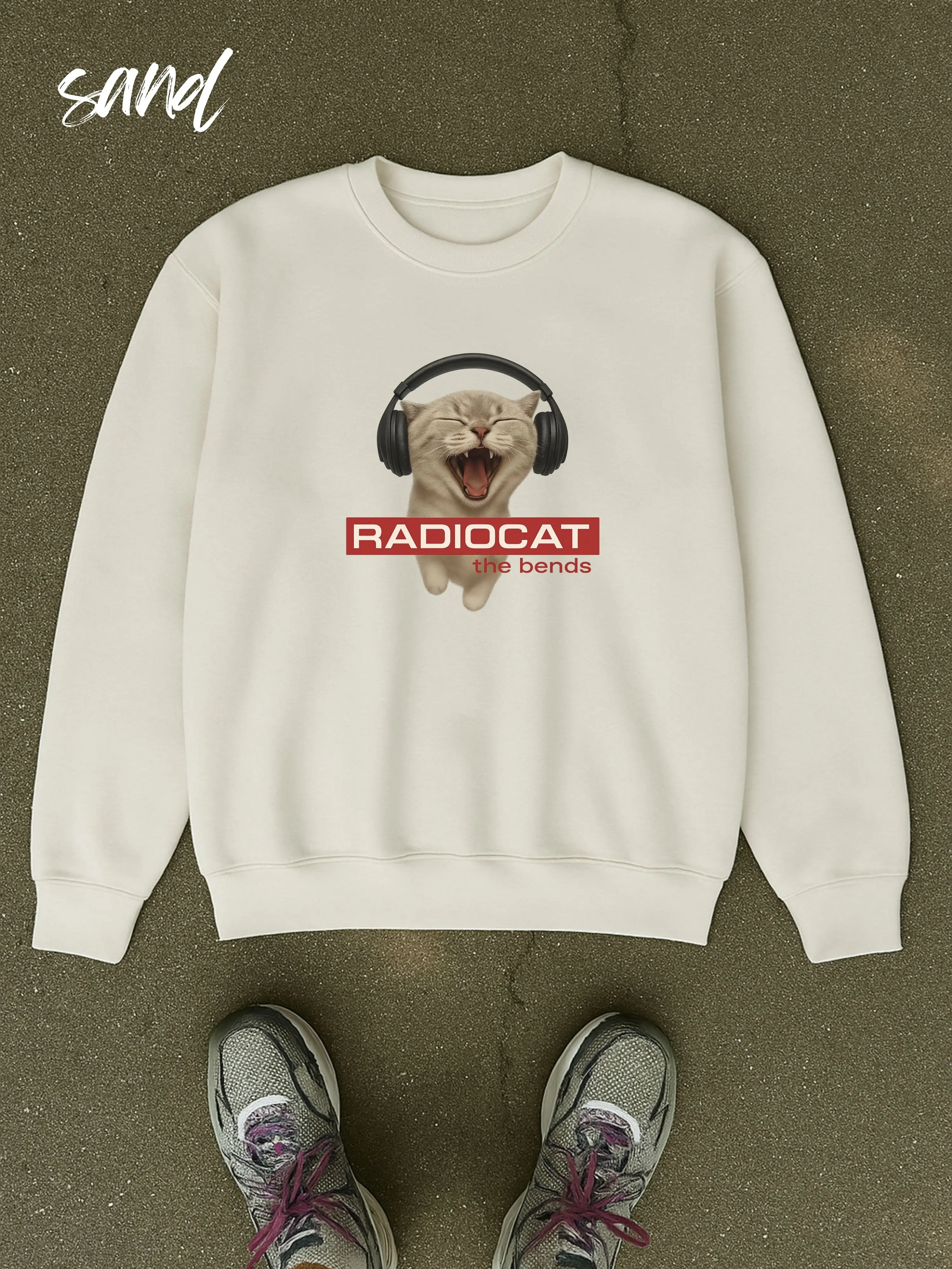Radiocat The Bends Meme Shirt & Sweatshirt, Funny Music Parody Cat Tee, Unisex Retro Band Graphic Top, Viral Headphones Cat Shirt, Indie Style Shirt