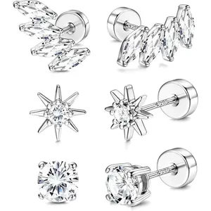 YADOCA Flat Back Sterling Silver Earrings 14K Plated Gold Hypoallergenic Stud Earrings for Women Men Tragus Helix Piercing Jewelry Small Cubic Zirconia Cartilage Earring Sets